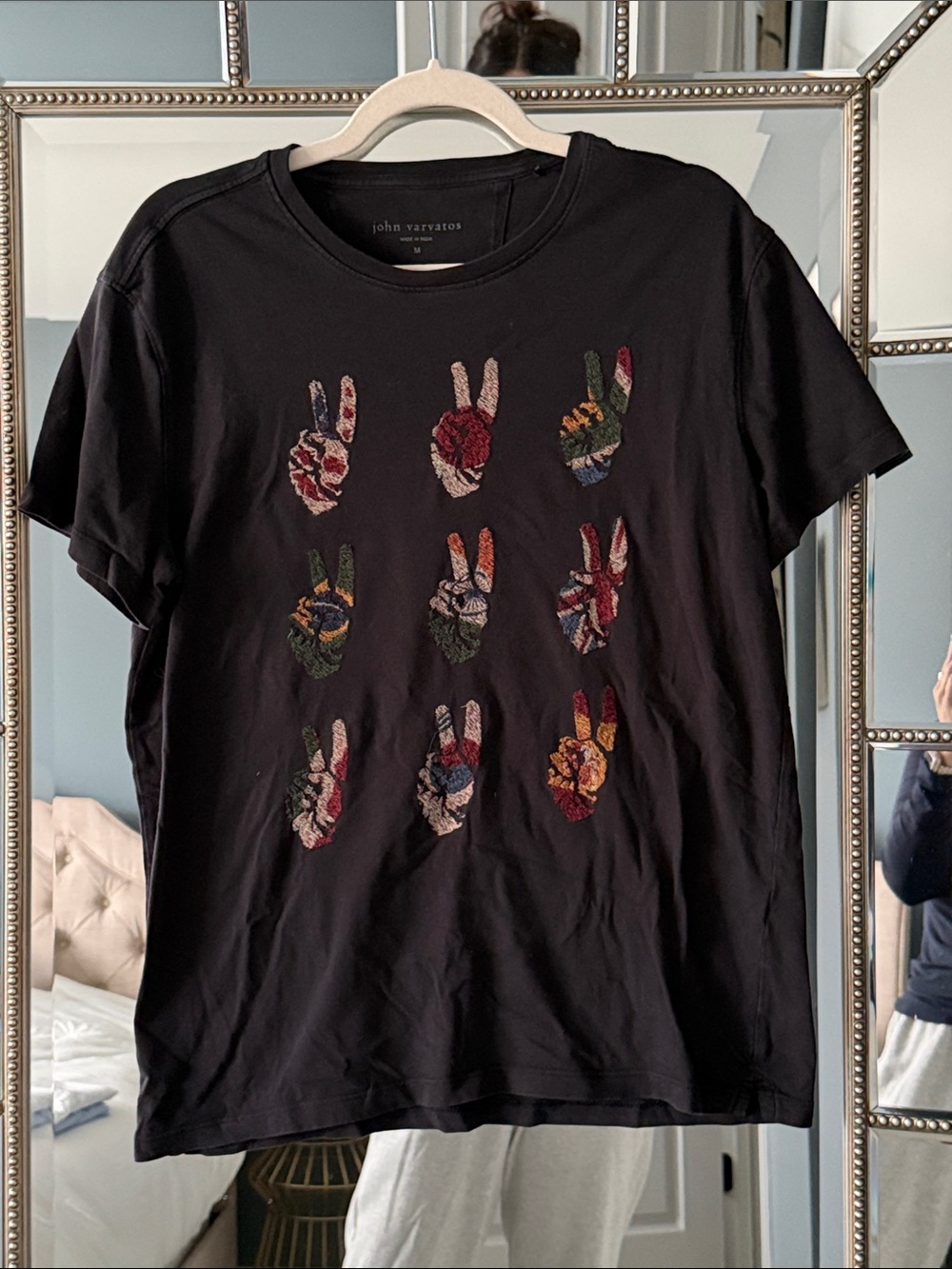 John Varvatos Black Short-Sleeve Tee with Multicolor Embroidered Peace Signs